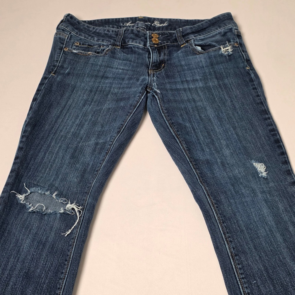 American Eagle Flare Jeans Women 10 Dark Wash Distressed Low‎ Rise Stretch Denim
